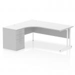 Impulse 1800mm Left Crescent Office Desk White Top White Cantilever Leg Workstation 600 Deep Desk High Pedestal I004162