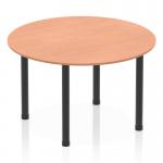 This photo shows a modern and stylish 1200mm round table with a beech top and a sleek black post leg. It exudes a sense of dynamism and versatility, perfect for any office or meeting space. The smooth finish and clean lines make it a focal point in any room.