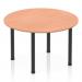 This photo shows a modern and stylish 1200mm round table with a beech top and a sleek black post leg. It exudes a sense of dynamism and versatility, perfect for any office or meeting space. The smooth finish and clean lines make it a focal point in any room.