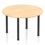A sleek and modern 1200mm round table with a maple top and black post legs. Perfect for creating a dynamic and collaborative workspace. The round shape promotes equal participation and a sense of unity among team members. The striking design adds a touch of style to any office setting.