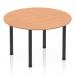 The image shows a vibrant and modern dynamic round table with a 1200mm oak top and black post legs. The sleek design and round shape give off an inviting and collaborative feel. Perfect for meetings, conferences, or casual gatherings.