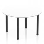 The photograph captures a sleek and modern Dynamic Round Tables Impulse 1200mm Round Table with a crisp white top and sturdy black post leg. Its round shape creates an inviting and inclusive atmosphere, perfect for any collaborative setting.