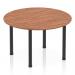 This image features a sleek and modern Dynamic Round Tables Impulse 1200mm round table with a rich walnut top and black post leg. The table exudes a sense of elegance and sophistication, making it a versatile and stylish addition to any space. The smooth round shape adds a dynamic element to any room, while the sturdy post leg provides stability and support.