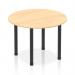 This photo showcases a dynamic round table featuring a 1000mm maple top and black post leg design. The round shape and neutral color scheme creates a sleek and modern look.