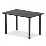 This image features a sleek and modern Dynamic Tables Impulse Black Series straight table, measuring 1200 x 800mm. The tabletop is black with built-in cable ports for organization, and is supported by sleek, black post legs.