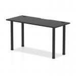 This image features a sleek and modern black straight table from the Dynamic Tables Impulse Black Series. The top is 1400 x 600mm in size and includes convenient cable ports for organization. The table is supported by sleek black post legs for a stylish and functional look.