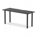 In the photo, you can see the 1600 x 600mm straight table from the Dynamic Tables Impulse Black Series. It features a sleek black top with cable ports for easy organization. The black post legs provide sturdy support. Overall, it has a modern and professional look.