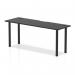 The image shows a sleek and modern black table with a straight surface measuring 1800 x 600mm. The table has cable ports and is supported by black post legs, making it perfect for any dynamic and organized workspace.