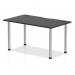 This photograph features a sleek and modern Dynamic Tables Impulse Black Series 1400 x 800mm straight table with a glossy black top and chrome legs. The table also includes built-in cable ports for convenient wire management.