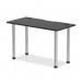 The picture shows a sleek, modern black table with a shiny chrome leg and built-in cable ports. It is rectangular in shape, measuring 1200 x 600mm, and appears to be part of the Dynamic Tables Impulse Black Series.