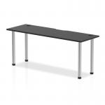 This photo features a sleek Dynamic Tables Impulse Black Series straight table with a black top and chrome legs, measuring 1800 x 600mm. Cable ports can be seen along the sleek surface, providing a convenient and organized workspace.