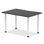 The photograph captures a sleek and modern Dynamic Tables Impulse Black Series table. Its black top contrasts with the clean, white leg and is equipped with cable ports for practicality. Measuring 1200 x 800mm, this straight table exudes a dynamic and professional vibe.