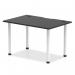 The photograph captures a sleek and modern Dynamic Tables Impulse Black Series table. Its black top contrasts with the clean, white leg and is equipped with cable ports for practicality. Measuring 1200 x 800mm, this straight table exudes a dynamic and professional vibe.