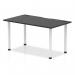 The image shows a sleek black table with a smooth, straight surface measuring 1400 x 800mm. It features built-in cable ports on the top and stands on a sturdy white leg. This dynamic table from the Impulse Black Series exudes modernity and functionality.