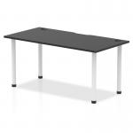 This photograph captures a sleek and modern Dynamic Tables Impulse Black Series table with a 1600 x 800mm straight black top. The table features convenient cable ports and a contrasting white leg for a clean and professional look.