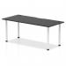 The image shows a sleek black table, measuring 1800 x 800mm, with a straight design and white legs. It features cable ports for easy organization and a dynamic look.