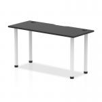 This picture showcases a sleek and modern Dynamic Tables Impulse Black Series straight table, measuring 1400 x 600mm, with a black top and white leg. The table also features convenient cable ports for easy organization.