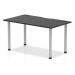 The picture shows a sleek and modern Dynamic Tables Impulse table from the Black Series, measuring 1400 x 800mm. The black top is complemented by silver legs, and features convenient cable ports for a clean and organized workspace.