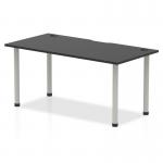 This photo shows a sleek black table with a silver leg, measuring 1600 x 800mm. The surface features cable ports for a tidy and organized workspace. Its dynamic design makes it a modern and stylish addition to any office.