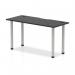 This photograph captures a sleek and modern Dynamic Tables Impulse Black Series 1400 x 600mm Straight Table. The black top is contrasted by a silver leg and features convenient cable ports. It exudes a professional and functional aesthetic.