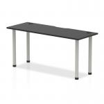 The image shows a sleek, modern 1600 x 600mm black table with cable ports and a silver leg from the Dynamic Tables Impulse Black Series. The black top adds a touch of elegance, while the cable ports and silver leg provide a practical function.