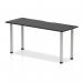 The image shows a sleek, modern 1600 x 600mm black table with cable ports and a silver leg from the Dynamic Tables Impulse Black Series. The black top adds a touch of elegance, while the cable ports and silver leg provide a practical function.