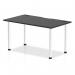 The image shows a sleek, modern 1400 x 800mm black table from the Impulse Black Series. It features a straight design with cable ports and an aluminum leg for durability. Perfect for any work or study space.