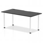 The photograph captures a sleek and modern black table, measuring 1600 x 800mm, in the Dynamic Tables Impulse Black Series. The straight table features cable ports for easy organization and is supported by durable aluminium legs.