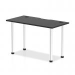 The photo shows a sleek and modern black table, with dimensions of 1200 x 600mm, from the Dynamic Tables Impulse Black Series. It features cable ports for easy organization and an elegant aluminium leg for added style.