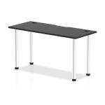 The picture shows a sleek and modern black table from the Dynamic Tables Impulse Black Series. Measuring 1400 x 600mm, it has a straight shape and a black top with built-in cable ports for organization. The legs are made of shiny aluminum for a clean and stylish look.