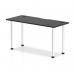 The picture shows a sleek and modern black table from the Dynamic Tables Impulse Black Series. Measuring 1400 x 600mm, it has a straight shape and a black top with built-in cable ports for organization. The legs are made of shiny aluminum for a clean and stylish look.
