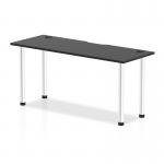 The photo shows a sleek and modern Dynamic Tables Impulse Black Series straight table with a black top and aluminium legs. The table measures 1600 x 600mm and features convenient cable ports for easy organization.
