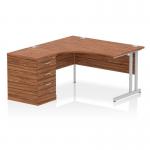 Impulse 1400mm Left Crescent Office Desk Walnut Top Silver Cantilever Leg Workstation 600 Deep Desk High Pedestal I004243