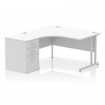 Impulse 1400mm Left Crescent Office Desk White Top Silver Cantilever Leg Workstation 600 Deep Desk High Pedestal I004244