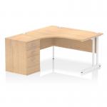 Impulse 1400mm Left Crescent Office Desk Maple Top White Cantilever Leg Workstation 600 Deep Desk High Pedestal I004247