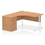 Impulse 1400mm Left Crescent Office Desk Oak Top White Cantilever Leg Workstation 600 Deep Desk High Pedestal I004248