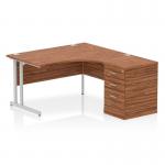 Impulse 1400mm Right Crescent Office Desk Walnut Top Silver Cantilever Leg Workstation 600 Deep Desk High Pedestal I004255