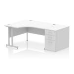 Impulse 1400mm Left Crescent Office Desk White Top Silver Cantilever Leg Workstation 800 Deep Desk High Pedestal I004268