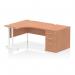 The 1400mm left crescent desk features a sleek, beech top and white cantilever legs for a modern look. Its dynamic design allows for comfortable use of the 800mm deep workstation and convenient storage with the high pedestal.