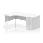 Impulse 1400mm Left Crescent Office Desk White Top White Cantilever Leg Workstation 800 Deep Desk High Pedestal I004274