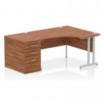 Impulse 1400mm Right Crescent Office Desk Walnut Top Silver Cantilever Leg Workstation 800 Deep Desk High Pedestal I004279