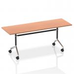 The picture shows a sleek and modern rectangular table with a beech-colored flip top. The surface is smooth and glossy, adding a touch of sophistication to any room. The frame is sturdy and industrial-looking, with a dynamic flip mechanism that allows for easy adjustments. Perfect for meetings, presentations, or working spaces.