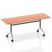 The picture shows a sleek and modern rectangular table with a beech-colored flip top. The surface is smooth and glossy, adding a touch of sophistication to any room. The frame is sturdy and industrial-looking, with a dynamic flip mechanism that allows for easy adjustments. Perfect for meetings, presentations, or working spaces.