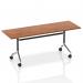 The image shows a large rectangular table with a beautiful walnut top. It features a unique flip top design that allows it to be easily moved and stored. Perfect for dynamic meetings or events.