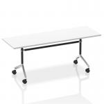 This photo features a modern and versatile Dynamic Flip Top Table, specifically the Impulse 1800mm Flip Top Rectangular Table with a sleek white top. Perfect for any office or conference room, this table can easily adapt to any meeting or work setting.
