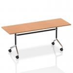 This picture features dynamic flip top tables, specifically the Impulse 1800mm flip top rectangular table with an oak top. The sleek design and functional flip top make it a versatile choice for any workspace. The table is depicted in a natural wood color with sturdy legs, providing a modern and sophisticated look.