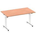 The image shows a 1400mm rectangular folding table with a beech top. The table has a dynamic folding feature and is designed for use in various settings.