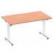 The image shows a 1400mm rectangular folding table with a beech top. The table has a dynamic folding feature and is designed for use in various settings.