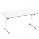 The picture shows a white rectangular table with dynamic folding capabilities. Its top is smooth and glossy, providing a sleek and functional surface for any use.
