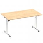 The image shows a dynamic folding table with a maple top, measuring 1400mm in length, in the process of being folded into a rectangular shape. The table has a sturdy and versatile design, making it suitable for various settings and purposes.